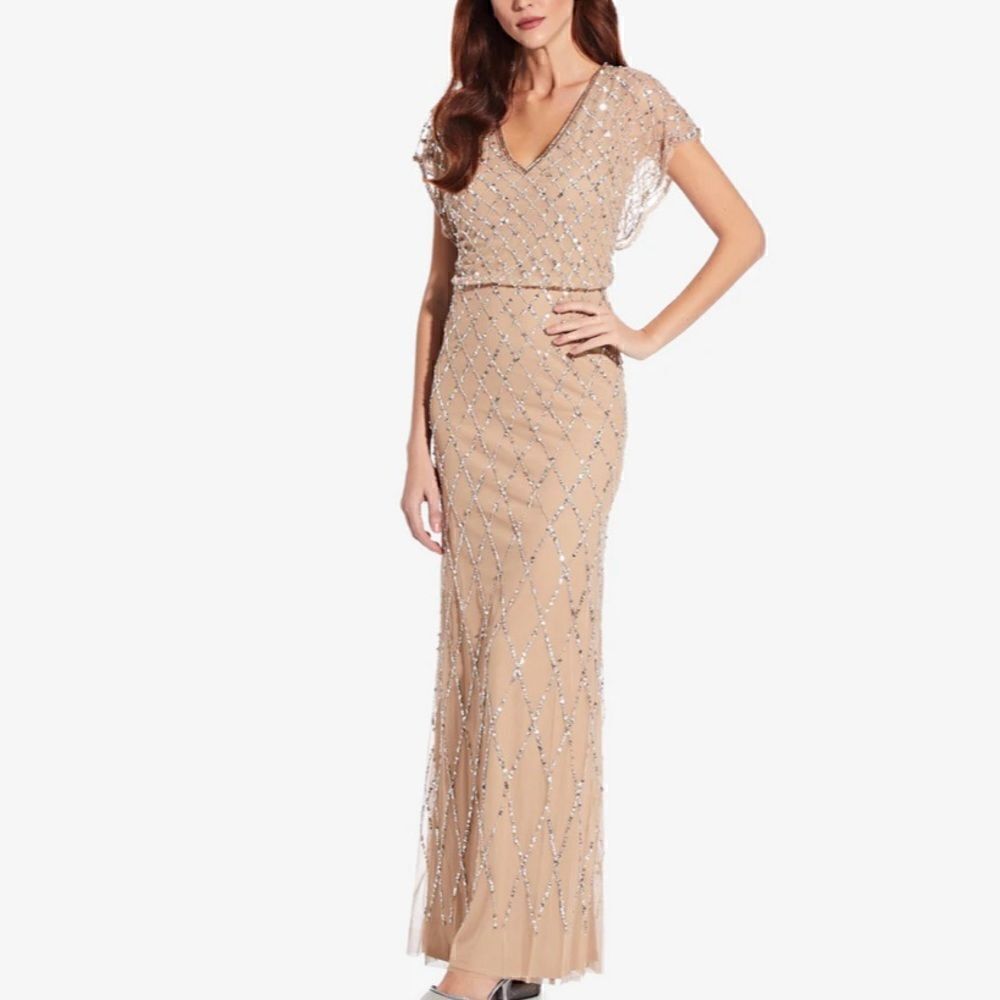 Adrianna Papell sequin lattice dress with flutter sleeves in Bridal Silver-NWT - Picture 4 of 10
